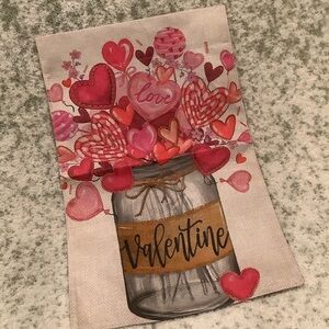 Valentine's Hearts Bouquet Mason Jar Poly Burlap Garden Flag NWT 12x18”
